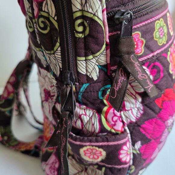 Vera Bradley Maggie in Mod Brown/Pink Quilted Floral Zipper Backpack 12” by 9” - Picture 4 of 8